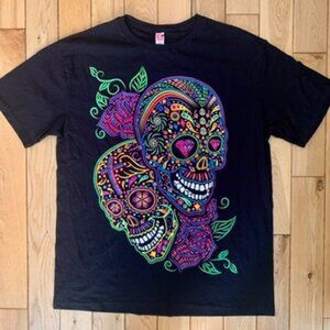 Vintage Y2k Skull Tee Euro Cotton Men’s Large Black Front Back Print 2 Skulls